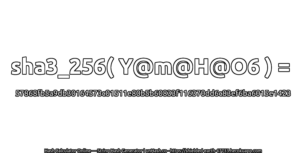 sha3_256( Y@m@H@O6 ) = 57868fb5a9db30164573c01511e80b5b60833f116370dd6c83ef6ba6015e1423 | unHash.co
