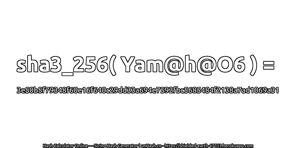 sha3_256( Yam@h@O6 ) = 3e50b5f79348f60e16f640c29dd33a694e7592fbc5685484f2138a7ad1069a31 | unHash.co