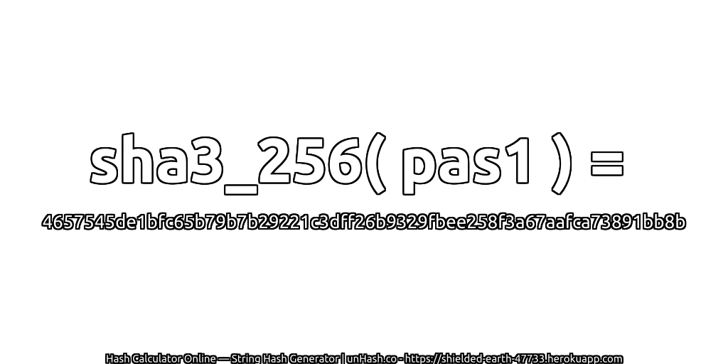 sha3_256( pas1 ) = 4657545de1bfc65b79b7b29221c3dff26b9329fbee258f3a67aafca73891bb8b | unHash.co