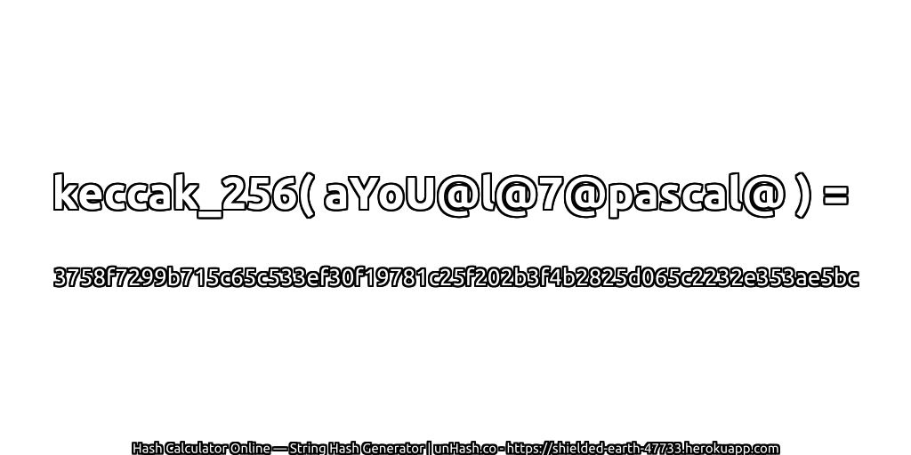 keccak_256( aYoU@l@7@pascal@ ) = 3758f7299b715c65c533ef30f19781c25f202b3f4b2825d065c2232e353ae5bc | unHash.co