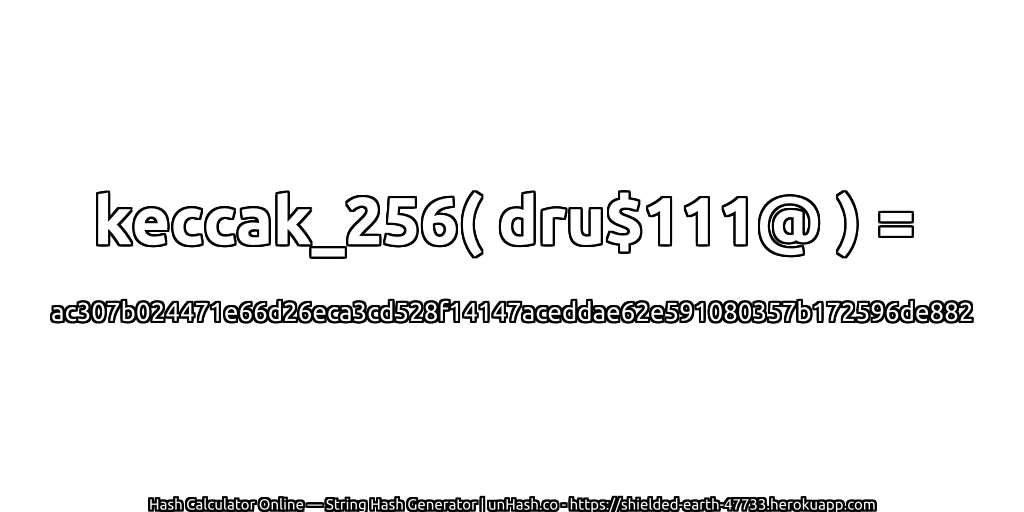 keccak_256( dru$111@ ) = ac307b024471e66d26eca3cd528f14147aceddae62e591080357b172596de882 | unHash.co