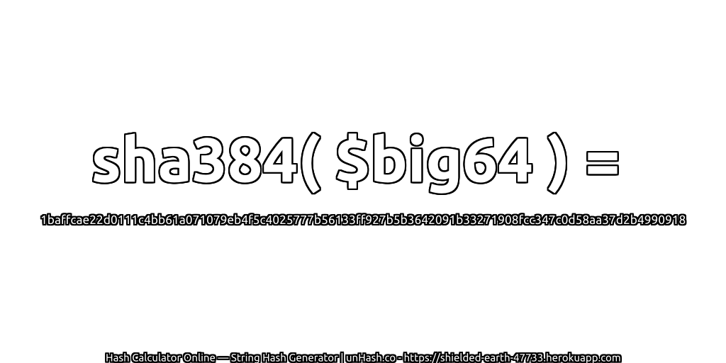 sha384( $big64 ) = 1baffcae22d0111c4bb61a071079eb4f5c4025777b56133ff927b5b3642091b33271908fcc347c0d58aa37d2b4990918 | unHash.co