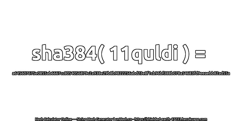sha384( 11quldi ) = a645607675e0855ab6667cc8054056879c2a938e29b8b9822256abd23e8f1cb96bf388b078a54683fd9eeaebb82ad55a | unHash.co