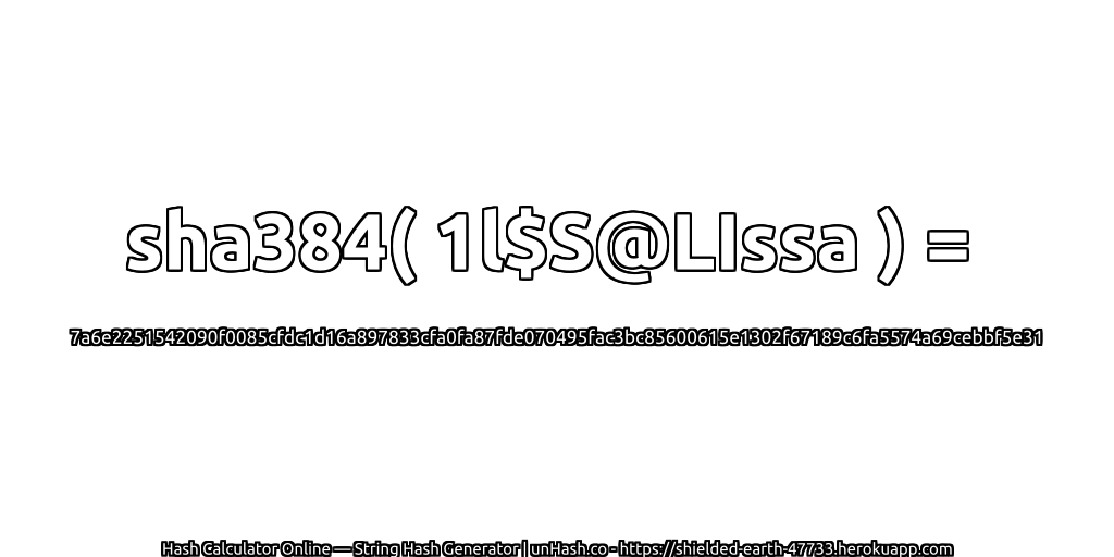 sha384( 1l$S@LIssa ) = 7a6e2251542090f0085cfdc1d16a897833cfa0fa87fde070495fac3bc85600615e1302f67189c6fa5574a69cebbf5e31 | unHash.co