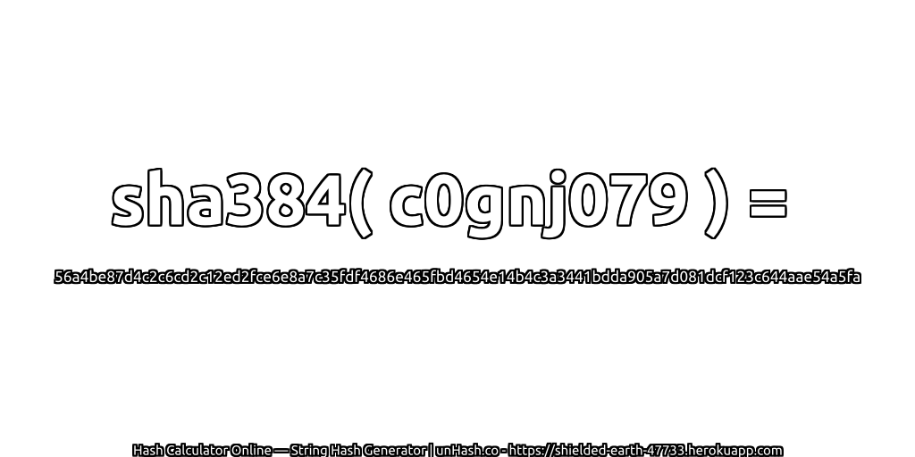 sha384( c0gnj079 ) = 56a4be87d4c2c6cd2c12ed2fce6e8a7c35fdf4686e465fbd4654e14b4c3a3441bdda905a7d081dcf123c644aae54a5fa | unHash.co