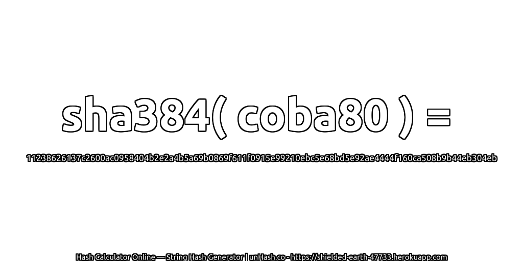 sha384( coba80 ) = 11238626137c2600ac0958404b2e2a4b5a69b0869f611f0915e99210ebc5e68bd5e92ae4444f160ca508b9b44eb304eb | unHash.co