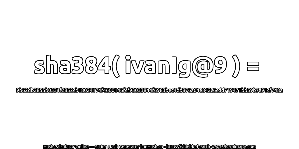 sha384( ivanIg@9 ) = 9b62db2855b0531f2852cb18024174f4600146fcf93033844f6983bec4db876a64e842c6cdd719471bb59b7a91cf748a | unHash.co