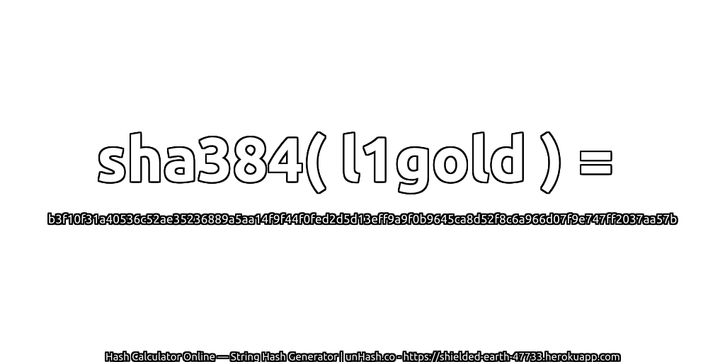 sha384( l1gold ) = b3f10f31a40536c52ae35236889a5aa14f9f44f0fed2d5d13eff9a9f0b9645ca8d52f8c6a966d07f9e747ff2037aa57b | unHash.co
