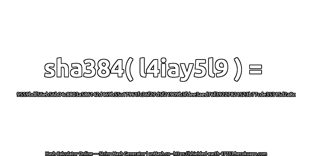 sha384( l4iay5l9 ) = 9559bdf56eb56b04c8803a586142d469b55c17961fc36f27d5f21909b3fdee3aed76f39227821523b77cde35315d2a8c | unHash.co