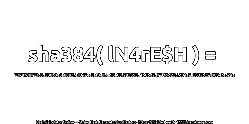 sha384( lN4rE$H ) = 7374738773c0d588b9a6a8042fe1347ec5ef8c1fca95a08f243555d1b6bd2d77f49d23cfd94a7a5332b37c903c7ec24a | unHash.co