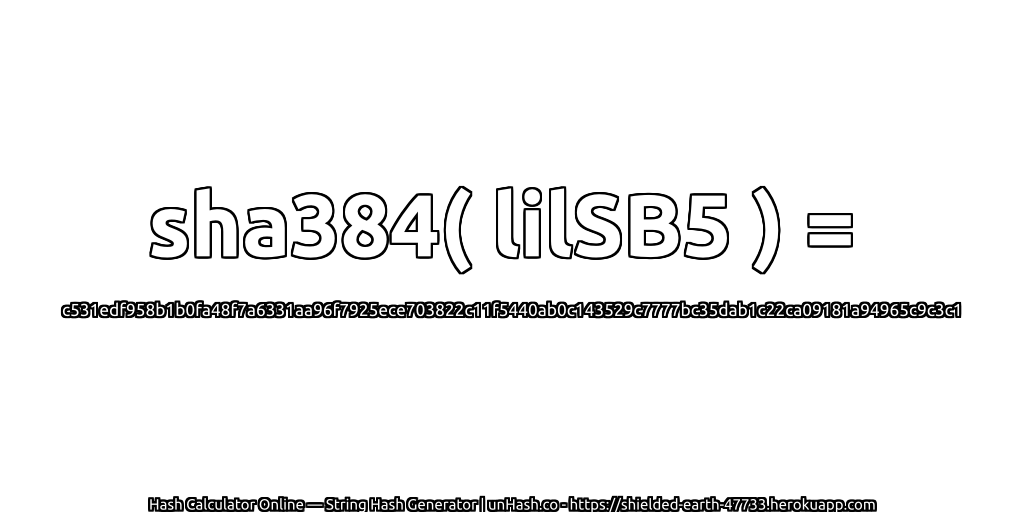 sha384( lilSB5 ) = c531edf958b1b0fa48f7a6331aa96f7925ece703822c11f5440ab0c143529c7777bc35dab1c22ca09181a94965c9c3c1 | unHash.co