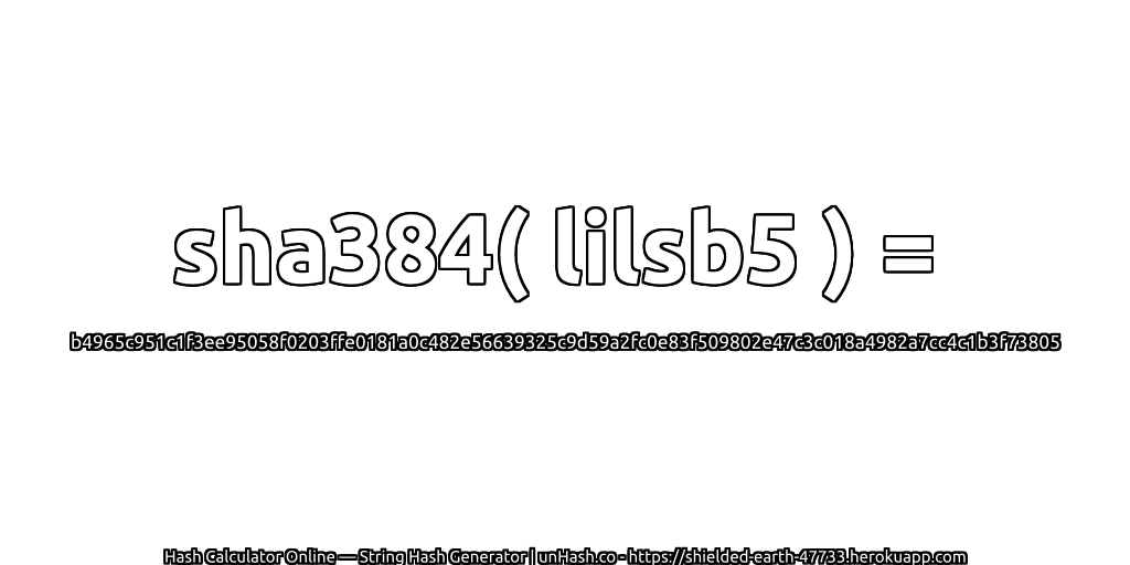 sha384( lilsb5 ) = b4965c951c1f3ee95058f0203ffe0181a0c482e56639325c9d59a2fc0e83f509802e47c3c018a4982a7cc4c1b3f73805 | unHash.co