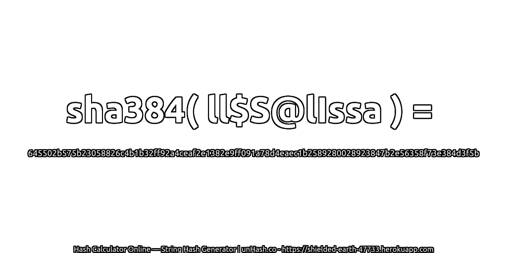 sha384( ll$S@lIssa ) = 645502b575b23058826c4b1b32ff92a4ceaf2e1382e9ff091a78d4eaec1b2589280028923847b2e56358f73e384d3f5b | unHash.co