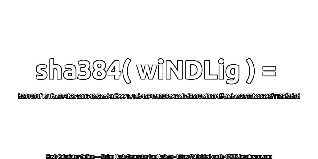 sha384( wiNDLig ) = b231031f151fae374b27580642c2ccd40f9991e1eb45947a208c968d6d8530cd8634ffc0cbe52733b88692f1129f2d3d | unHash.co