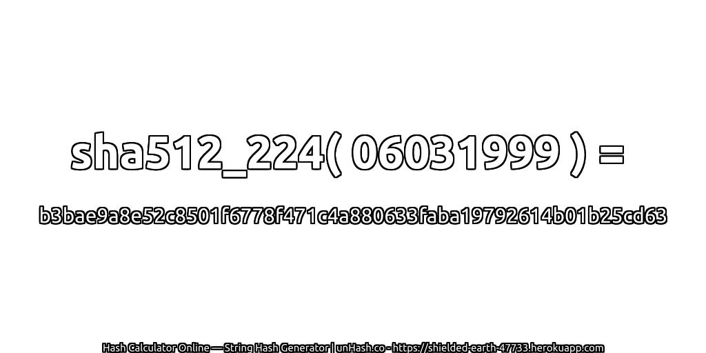 sha512_224( 06031999 ) = b3bae9a8e52c8501f6778f471c4a880633faba19792614b01b25cd63 | unHash.co