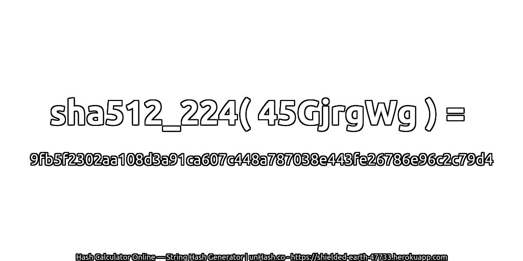 sha512_224( 45GjrgWg ) = 9fb5f2302aa108d3a91ca607c448a787038e443fe26786e96c2c79d4 | unHash.co