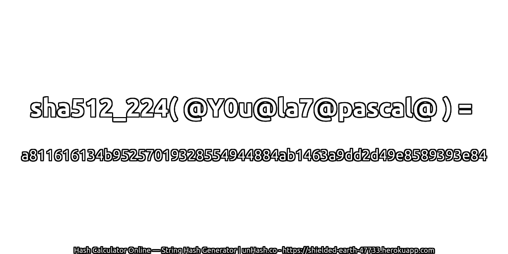 sha512_224( @Y0u@la7@pascal@ ) = a811616134b95257019328554944884ab1463a9dd2d49e8589393e84 | unHash.co