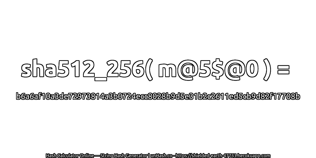sha512_256( m@5$@0 ) = b6a6af10a3de72973814a3b0724ecc8028b9d5e31b2c2611ed5cb9d82f17708b | unHash.co
