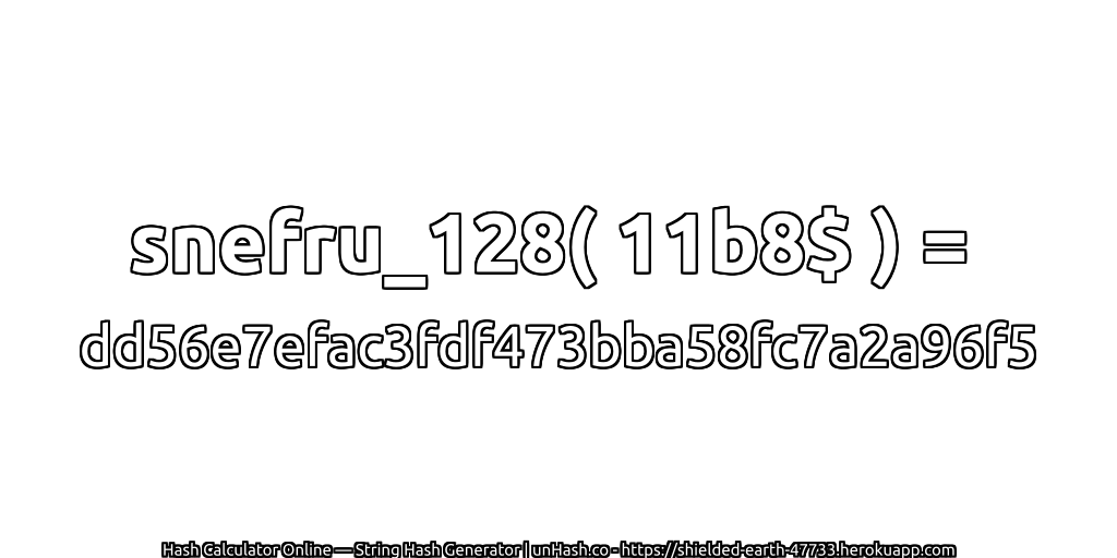 snefru_128( 11b8$ ) = dd56e7efac3fdf473bba58fc7a2a96f5 | unHash.co
