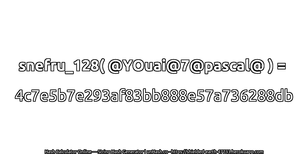 snefru_128( @YOuai@7@pascal@ ) = 4c7e5b7e293af83bb888e57a736288db | unHash.co
