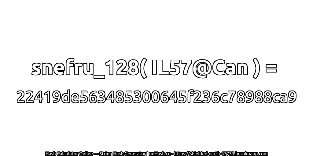 snefru_128( IL57@Can ) = 22419de563485300645f236c78988ca9 | unHash.co