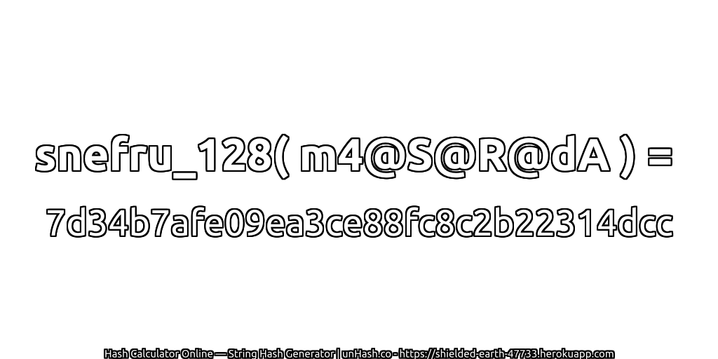 snefru_128( m4@S@R@dA ) = 7d34b7afe09ea3ce88fc8c2b22314dcc | unHash.co