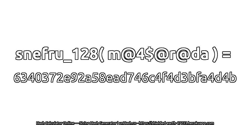 snefru_128( m@4$@r@da ) = 6340372e92a58ead746c4f4d3bfa4d4b | unHash.co