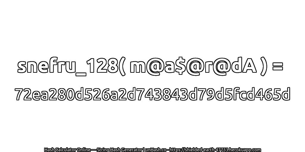 snefru_128( m@a$@r@dA ) = 72ea280d526a2d743843d79d5fcd465d | unHash.co