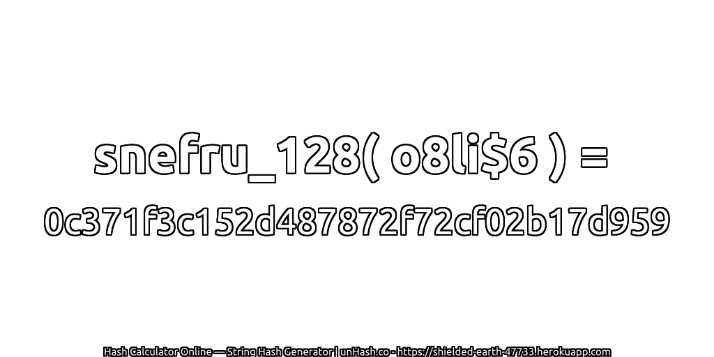 snefru_128( o8li$6 ) = 0c371f3c152d487872f72cf02b17d959 | unHash.co