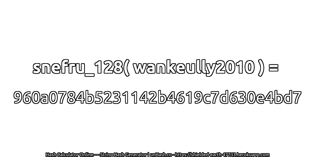 snefru_128( wankeully2010 ) = 960a0784b5231142b4619c7d630e4bd7 | unHash.co