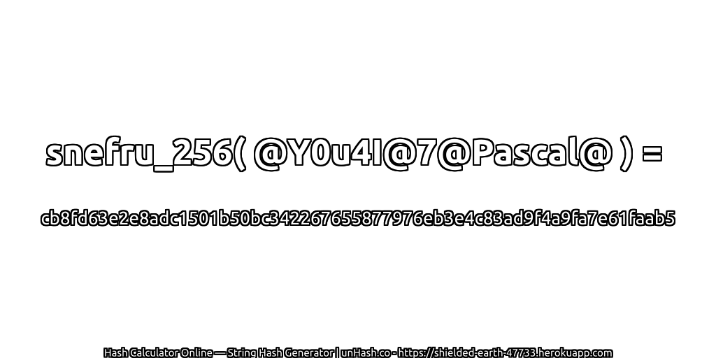 snefru_256( @Y0u4I@7@Pascal@ ) = cb8fd63e2e8adc1501b50bc342267655877976eb3e4c83ad9f4a9fa7e61faab5 | unHash.co