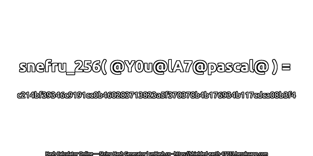 snefru_256( @Y0u@lA7@pascal@ ) = c214bf39346c9191cc0b460283713823a5f370378b4b176934b117cdca08b3f4 | unHash.co