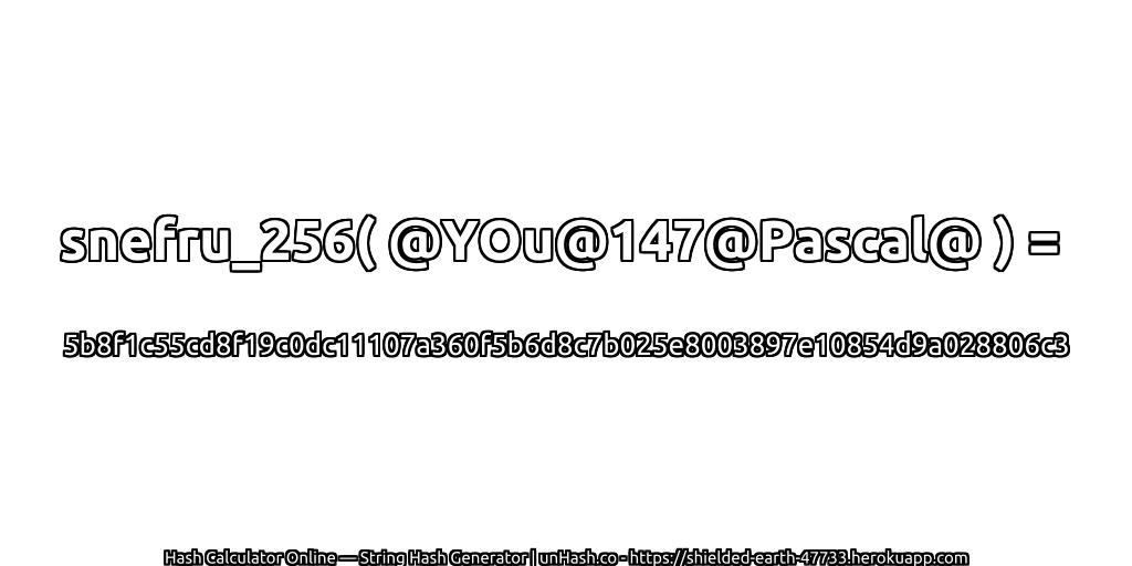 snefru_256( @YOu@147@Pascal@ ) = 5b8f1c55cd8f19c0dc11107a360f5b6d8c7b025e8003897e10854d9a028806c3 | unHash.co