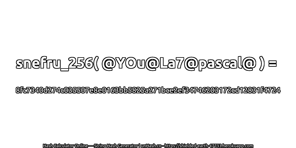 snefru_256( @YOu@La7@pascal@ ) = 8fc7340d274c035507e8e0163bb5825a271bce2ef34746203172cd12831f4724 | unHash.co