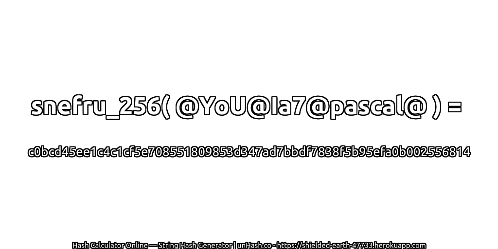 snefru_256( @YoU@Ia7@pascal@ ) = c0bcd45ee1c4c1cf5e708551809853d347ad7bbdf7838f5b95efa0b002556814 | unHash.co
