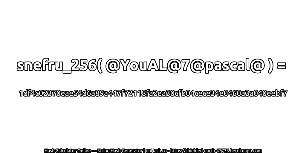 snefru_256( @YouAL@7@pascal@ ) = 1df4c02370eae54d6a89a447f72118fa2ea30cfb04cece34e0460a3a040eebf7 | unHash.co