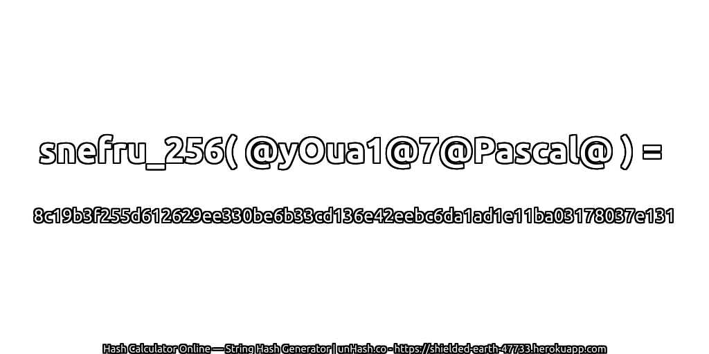 snefru_256( @yOua1@7@Pascal@ ) = 8c19b3f255d612629ee330be6b33cd136e42eebc6da1ad1e11ba03178037e131 | unHash.co