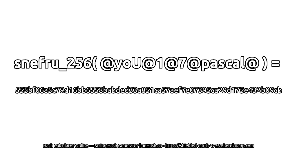 snefru_256( @yoU@1@7@pascal@ ) = 555bf06a5c79d16bb6558babded33a851ca57aef7e07395ca29d175e432b09cb | unHash.co
