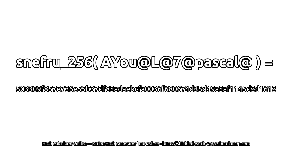 snefru_256( AYou@L@7@pascal@ ) = 503309f857e736e55b37df85adaebcfa0036f680674d35d49a5af1145d2d1612 | unHash.co