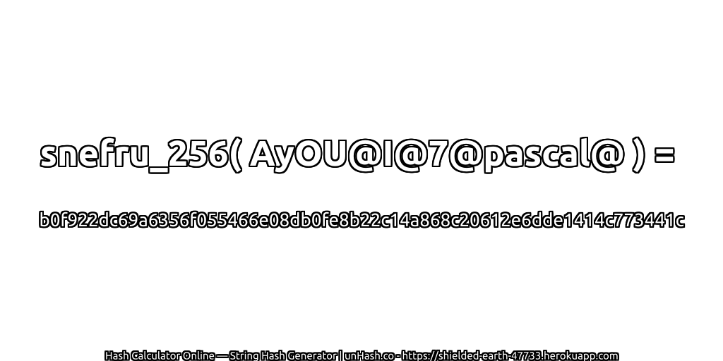 snefru_256( AyOU@I@7@pascal@ ) = b0f922dc69a6356f055466e08db0fe8b22c14a868c20612e6dde1414c773441c | unHash.co