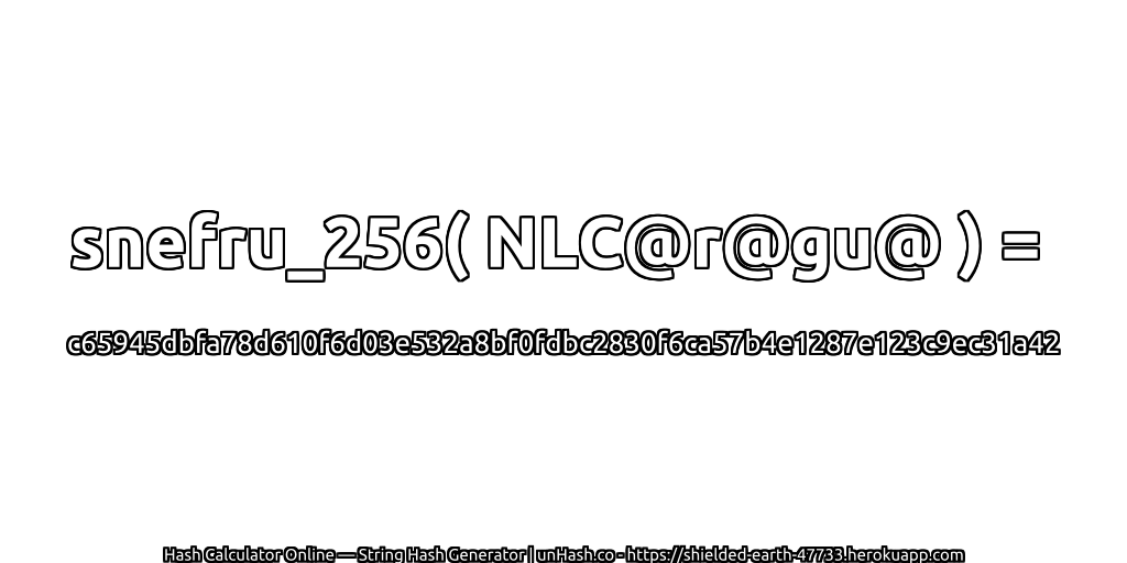 snefru_256( NLC@r@gu@ ) = c65945dbfa78d610f6d03e532a8bf0fdbc2830f6ca57b4e1287e123c9ec31a42 | unHash.co