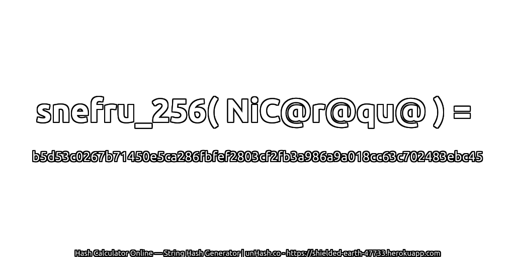 snefru_256( NiC@r@qu@ ) = b5d53c0267b71450e5ca286fbfef2803cf2fb3a986a9a018cc63c702483ebc45 | unHash.co