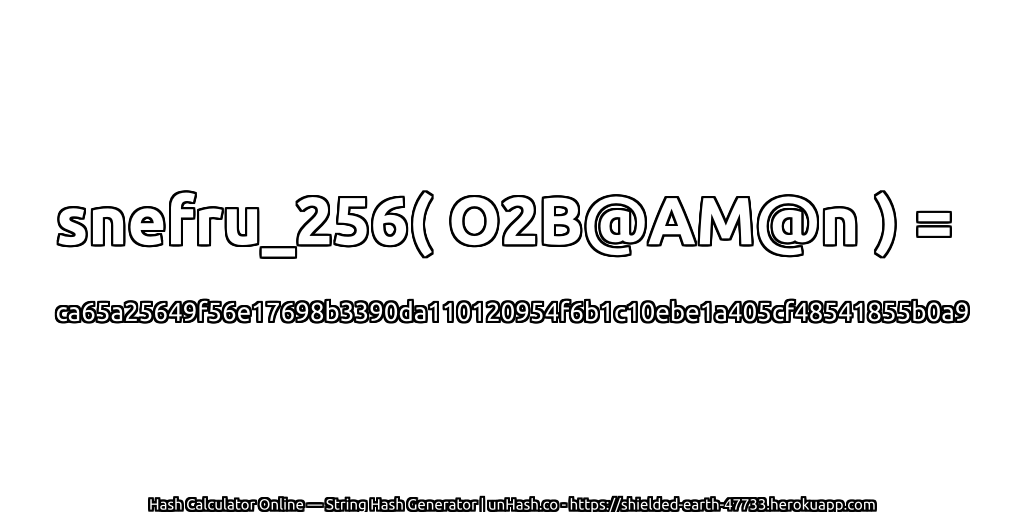 snefru_256( O2B@AM@n ) = ca65a25649f56e17698b3390da110120954f6b1c10ebe1a405cf48541855b0a9 | unHash.co