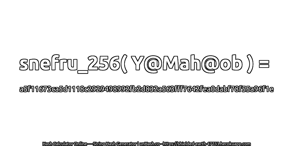 snefru_256( Y@Mah@ob ) = a5f11673ca5d1118c2929498992fb2d832a563fff7642fea0dabf78f55a96f1e | unHash.co