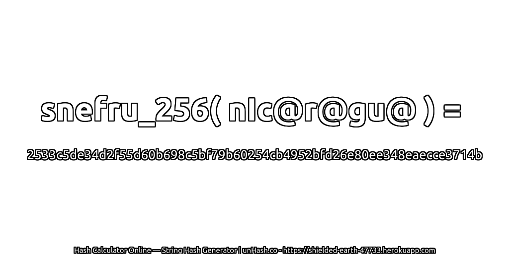 snefru_256( nIc@r@gu@ ) = 2533c5de34d2f55d60b698c5bf79b60254cb4952bfd26e80ee348eaecce3714b | unHash.co