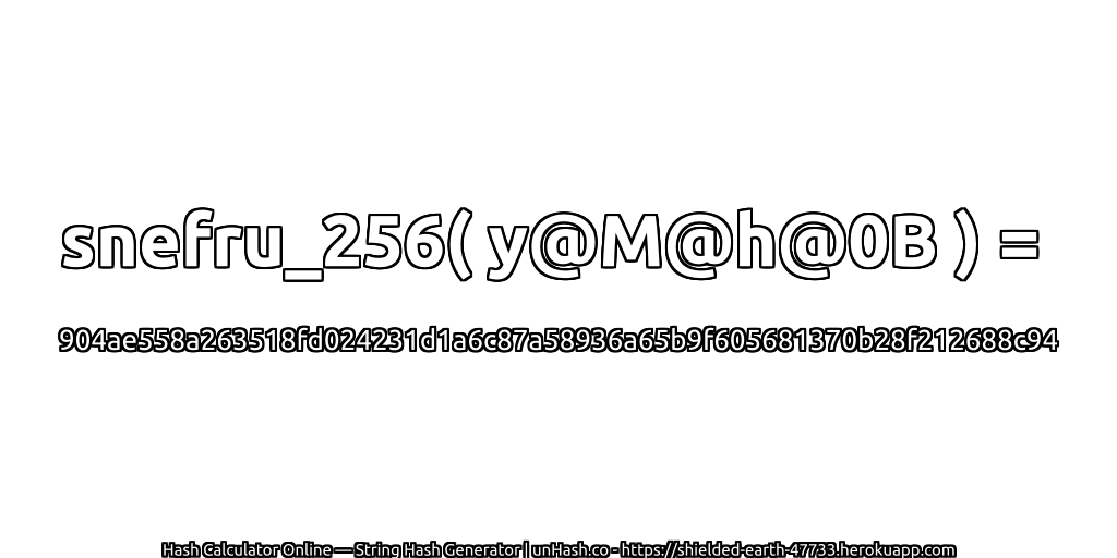 snefru_256( y@M@h@0B ) = 904ae558a263518fd024231d1a6c87a58936a65b9f605681370b28f212688c94 | unHash.co