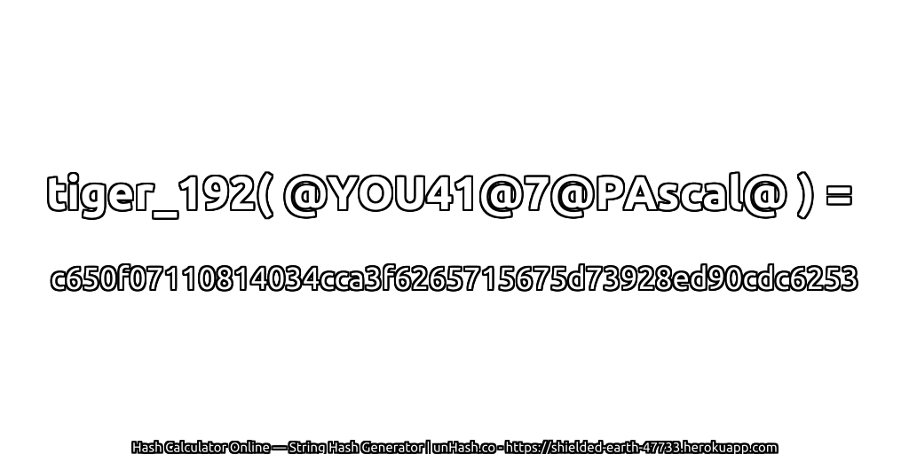 tiger_192( @YOU41@7@PAscal@ ) = c650f07110814034cca3f6265715675d73928ed90cdc6253 | unHash.co