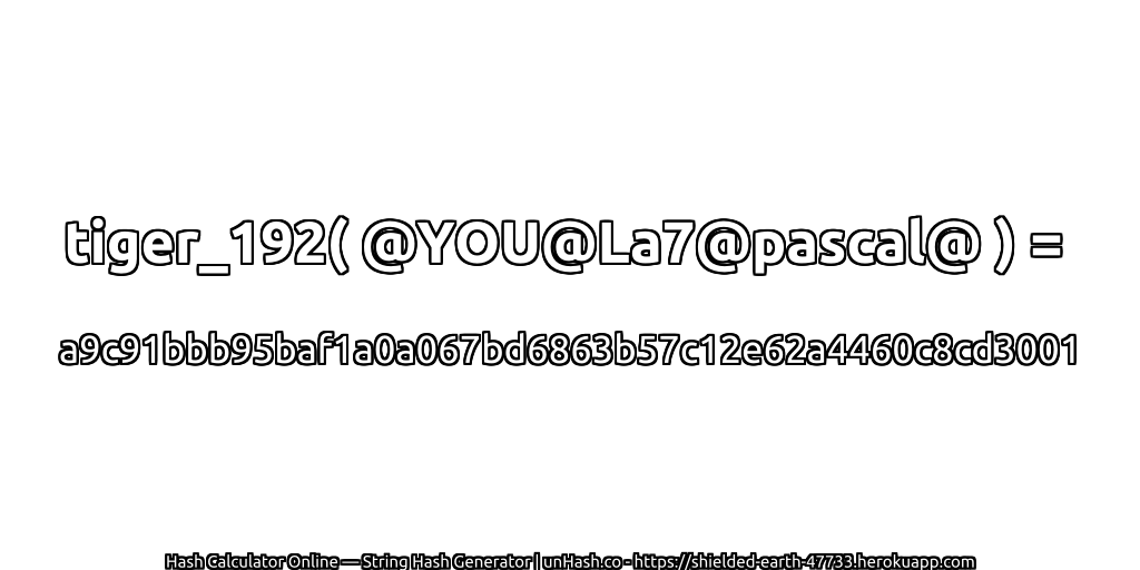 tiger_192( @YOU@La7@pascal@ ) = a9c91bbb95baf1a0a067bd6863b57c12e62a4460c8cd3001 | unHash.co