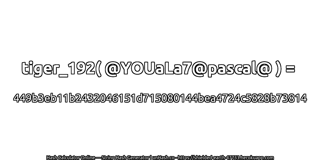 tiger_192( @YOUaLa7@pascal@ ) = 449b3eb11b2432046151d715080144bea4724c5828b73814 | unHash.co