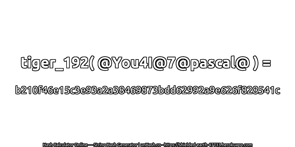 tiger_192( @You4I@7@pascal@ ) = b210f46e15c3e93a2a38469873bdd62992a9e626f828541c | unHash.co